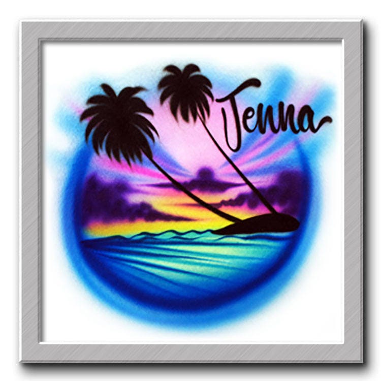 Airbrush T-Shirt 2 Palm Beach Szene Ihr Name Sie Wählen Farbe von FreshAirShirts