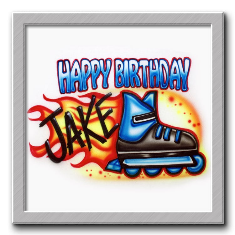 Airbrush T-Shirt Happy Birthday Rollerblade Feuer Deine Worte Flammen von FreshAirShirts