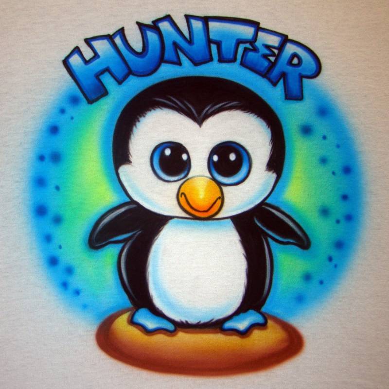 Airbrush T-Shirt - Pinguin T-Shirt Dein Name/Wort Individuell Personalisiert Geschenk von FreshAirShirts
