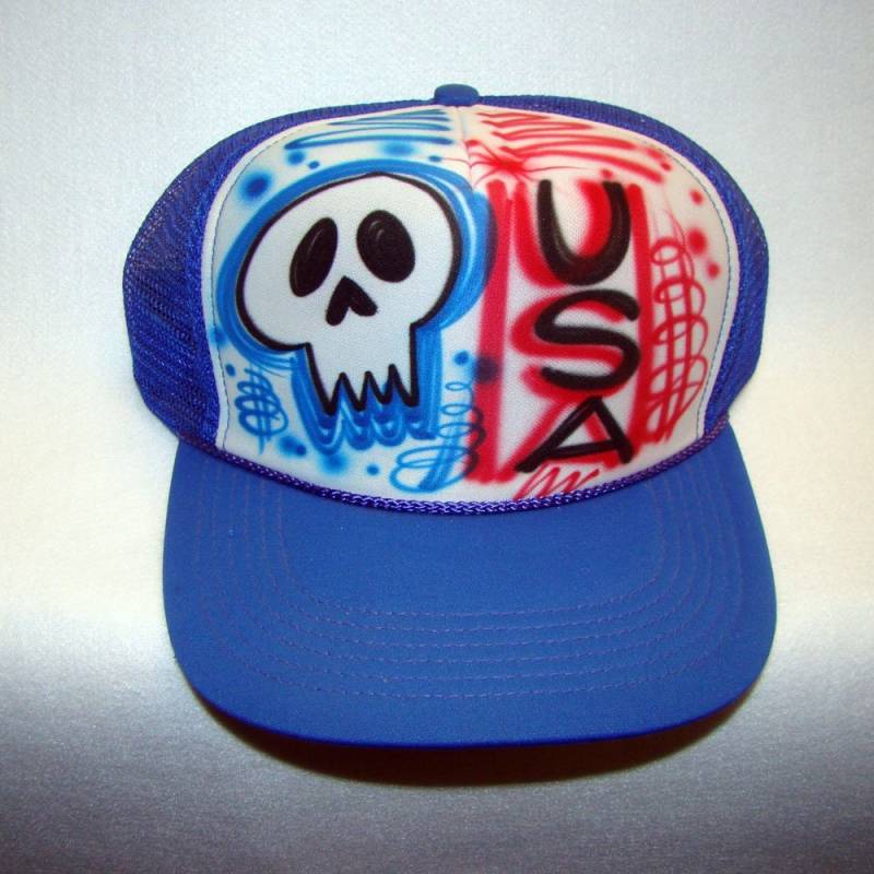 Airbrush Trucker Hat - Usa Skull Airbrushed Custom Personalisiert Geschenk von FreshAirShirts