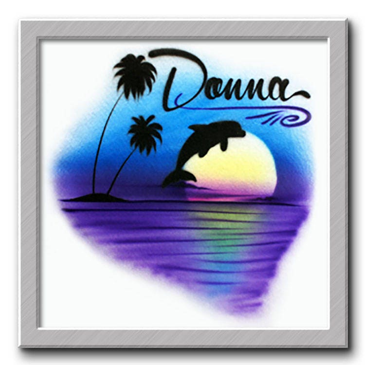 Airbrushed T-Shirt 2 Palme Delphin Strandszene Ihr Name/Wort von FreshAirShirts