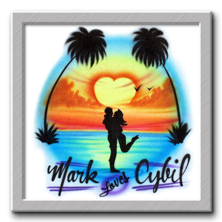 Airbrushed T-Shirt Paar Strandszene Sonnenuntergang Herz Ihr Name von FreshAirShirts