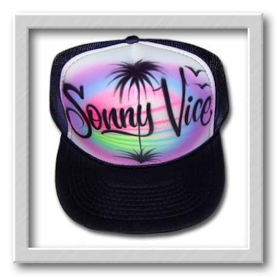 Airbrushed Trucker Hut Beach Scene Zwei Worte von FreshAirShirts