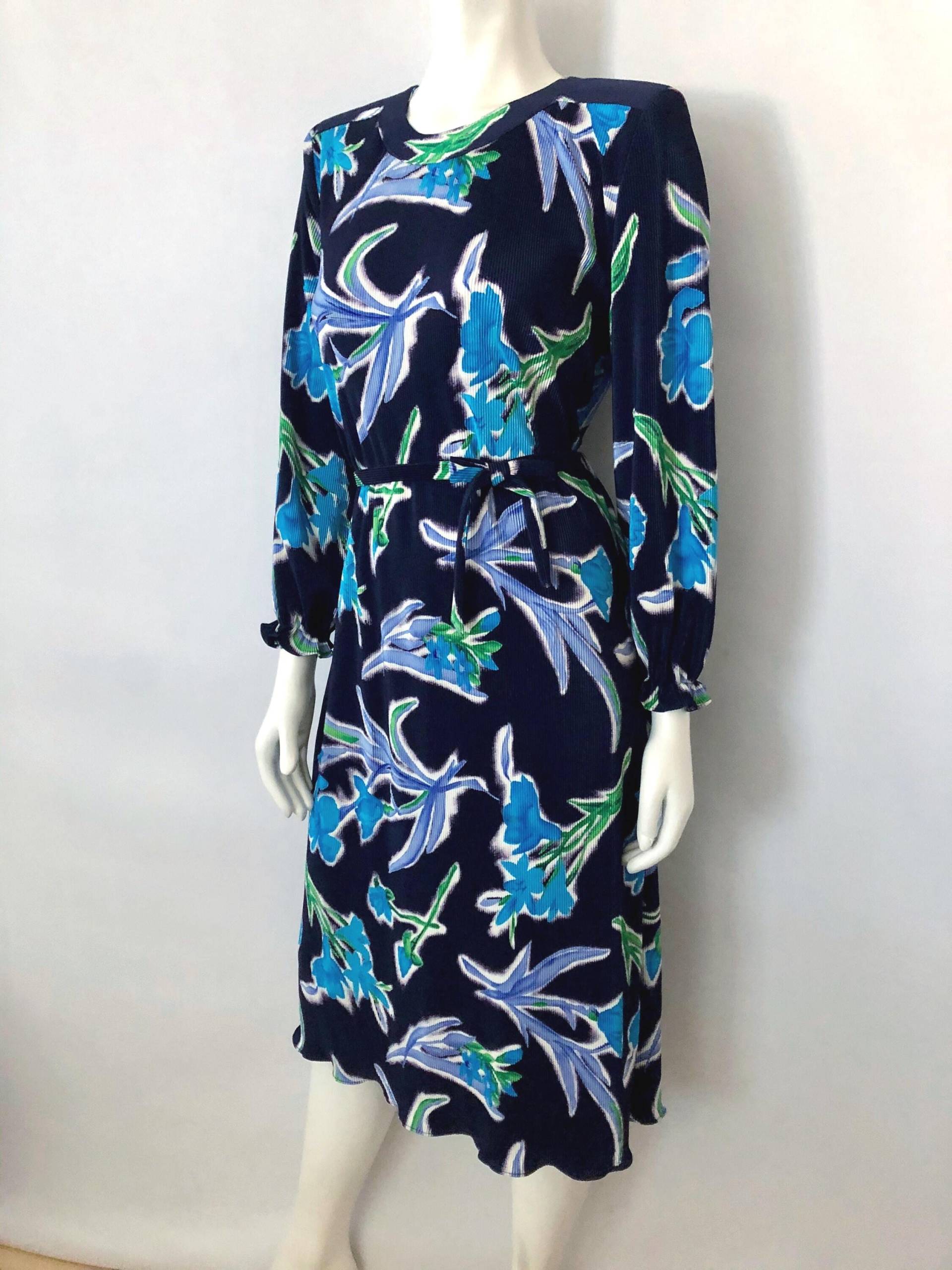 80's Marine Blau, Floral, Langarm, Kleid | Größe 10 von Freshandswanky