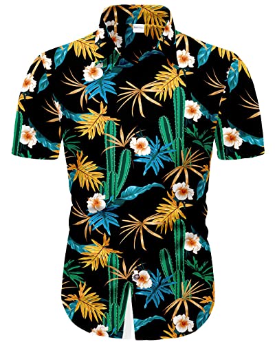 Freshhoodies Hemd Herren Hibiskus Kaktus Hawaii Hemd Männer 3D Druck Blätter Schwarz Lustige Sommerhemd Freizeithemden Bad Taste, M von Freshhoodies