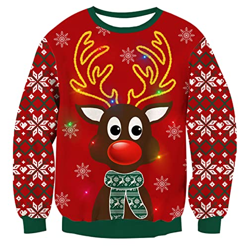 Freshhoodies Herren Damen Weihnachts Pullover Ugly Weihnachtspullover Mit LED-Leuchten Lustig Neuheit Rundhals Rentier Muster Rot Weihnachten Strickpullover Hässliche Pulli Sweater S von Freshhoodies