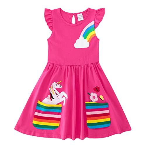 Freshhoodies Mädchen Kleider 3-4 Jahre Rosenrot Baumwolle Mädchenkleid Regenbogen Schmetterling Ärmelloses Niedlich Lässig Sommerkleid mit Taschen von Freshhoodies