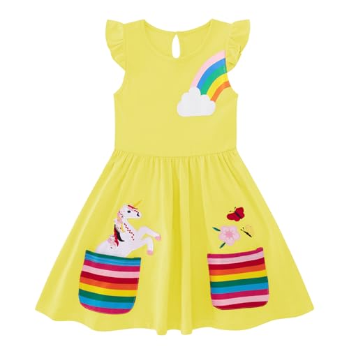 Freshhoodies Mädchen Kleider Gelb 7-8 Jahre Lässig Baumwolle Mädchenkleid Schmetterling Regenbogen Niedlich Sommerkleid Ärmelloses mit Taschen von Freshhoodies