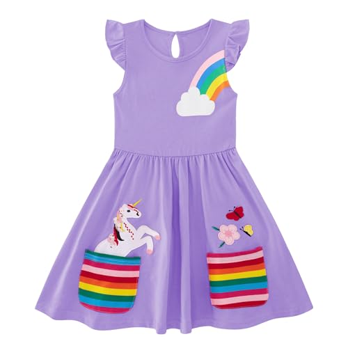 Freshhoodies Mädchen Kleider Hellviolett 7-8 Jahre Lässig Baumwolle Mädchenkleid Schmetterling Regenbogen Niedlich Sommerkleid Ärmelloses mit Taschen von Freshhoodies