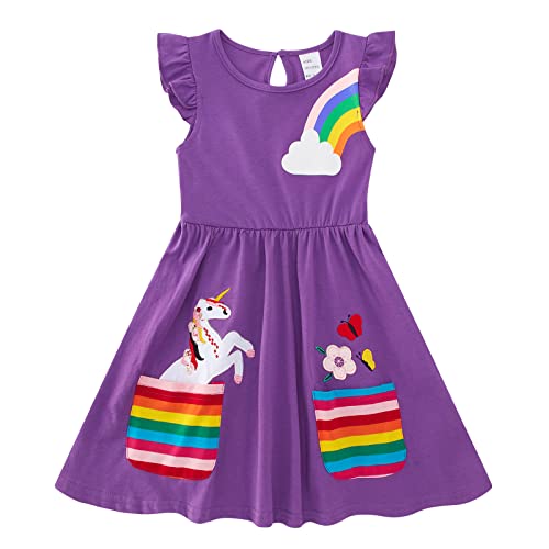 Freshhoodies Mädchen Kleider Lila Baumwolle Niedlich Ärmelloses Mädchenkleid Regenbogen Schmetterling 5-6 Jahre Lässig Sommerkleid mit Taschen von Freshhoodies
