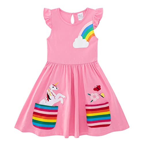 Freshhoodies Mädchen Kleider Rosa 7-8 Jahre Lässig Baumwolle Mädchenkleid Schmetterling Regenbogen Niedlich Sommerkleid Ärmelloses mit Taschen von Freshhoodies