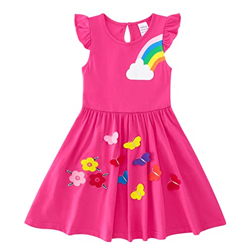 Freshhoodies Mädchen Kleider Rosenrot Baumwolle Niedlich Ärmelloses Mädchenkleid Regenbogen Schmetterling 5-6 Jahre Lässig Sommerkleid von Freshhoodies
