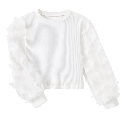 Freshhoodies Mädchen T-Shirt Weiß Langarm Rundhals Casual Pulli Fest Schmetterling Pullover Baumwolle Tshirt, 12-13 Jahre von Freshhoodies