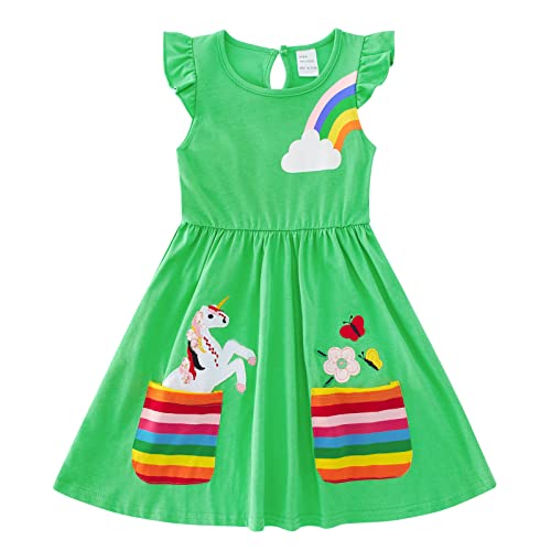 Freshhoodies Mädchenkleid 4-5 Years Grün Mädchen Kleider Ärmelloses Lässig Baumwolle Niedlich Regenbogen Schmetterling Sommerkleid mit Taschen von Freshhoodies