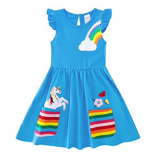 Freshhoodies Mädchenkleid Blau Baumwolle Ärmelloses Mädchen Kleider 6-7 Jahre Regenbogen Niedlich Lässig Schmetterling Sommerkleid mit Taschen von Freshhoodies