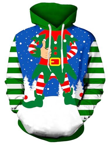 Freshhoodies Pullover Weihnachten Männer Sweatshirts Herren Tasche Mit Kapuze 3D Druck Elfe Blau Langarm Kapuzenpullover Lustige Coole Hoodie Jungen Party Geschenk, M von Freshhoodies