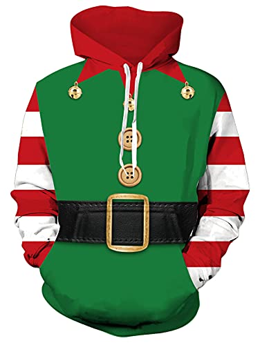 Freshhoodies Sweatshirts Weihnachten Männer Herren 3D Kapuzenpullover Elfe Hoodie Tasche Mit Kapuze Lustige Druck Langarm Coole Pullover Jungen Party Geschenk, XL von Freshhoodies