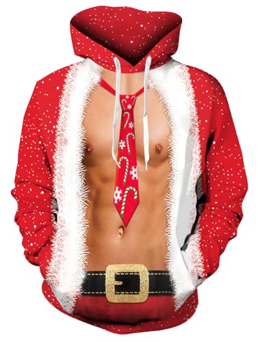 Freshhoodies Sweatshirts Weihnachten Männer Herren 3D Kapuzenpullover Muskeln Rot Hoodie Tasche Mit Kapuze Lustige Druck Langarm Coole Pullover Jungen Party Geschenk, XL von Freshhoodies