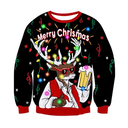 Freshhoodies Unisex Retro Weihnachten Strickpullover Rentier Weihnachtspullover Mit LED Beleuchtung Lustig Neuheit Schwarz Hässliche Pulli Herbst Winter Christmas Sweater Jumper L von Freshhoodies