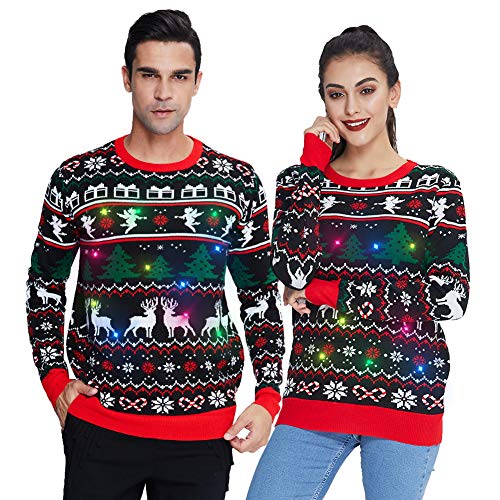 Freshhoodies Unisex Strickpullover Weihnachtspullover Mit LED Leuchten Neuheit Elf und Rentier Ugly Weihnachtspulli Sweater Pullover Für Damen Herren Weihnachtsparty Schwarz Rot XXL von Freshhoodies