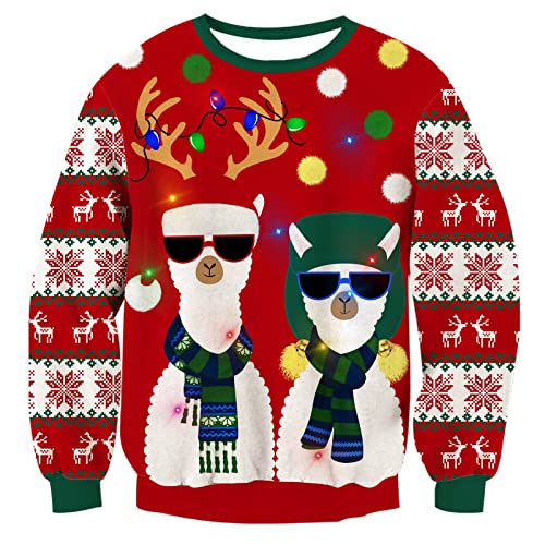 Freshhoodies Weihnachts Pullover Herren Damen Ugly Christmas Sweater Alpaka Muster Weihnachtspullover Mit Beleuchtung Herbst Winter Lange Ärmel Neuheit Rot Weihnachtspulli Hässliche Pulli XXL von Freshhoodies