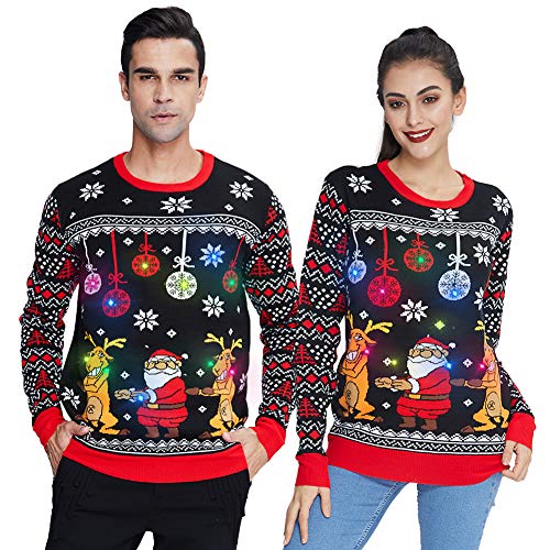 Freshhoodies Weihnachtspullover Mit Beleuchtung Unisex Lustig Weihnachtsmann Strickmuster Hässliche Pulli Herbst Winter Lange Ärmel Rentier Weihnachten Strickpullover Christmas Sweater XL von Freshhoodies