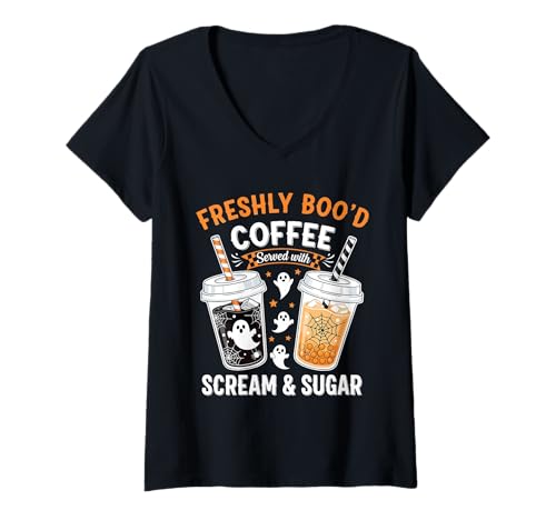Damen Boujee Ghost Halloween im Retro-Look für Kaffeeliebhaber T-Shirt mit V-Ausschnitt Damen Boujee Ghost Halloween im Retro-Look für Kaffeeliebhaber T-Shirt mit V-Ausschnitt von Freshly Boo'd Coffee Spooky Halloween Gifts