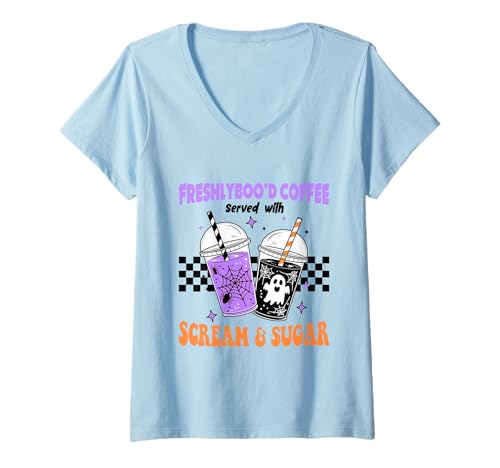 Damen Freshlyboo'd Kaffeetassen Scream and Sugar Gruselige Tassen T-Shirt mit V-Ausschnitt Damen Freshlyboo'd Kaffeetassen Scream and Sugar Gruselige Tassen T-Shirt mit V-Ausschnitt von Freshlyboo'd Coffee Tee Shirts for coffee lovers
