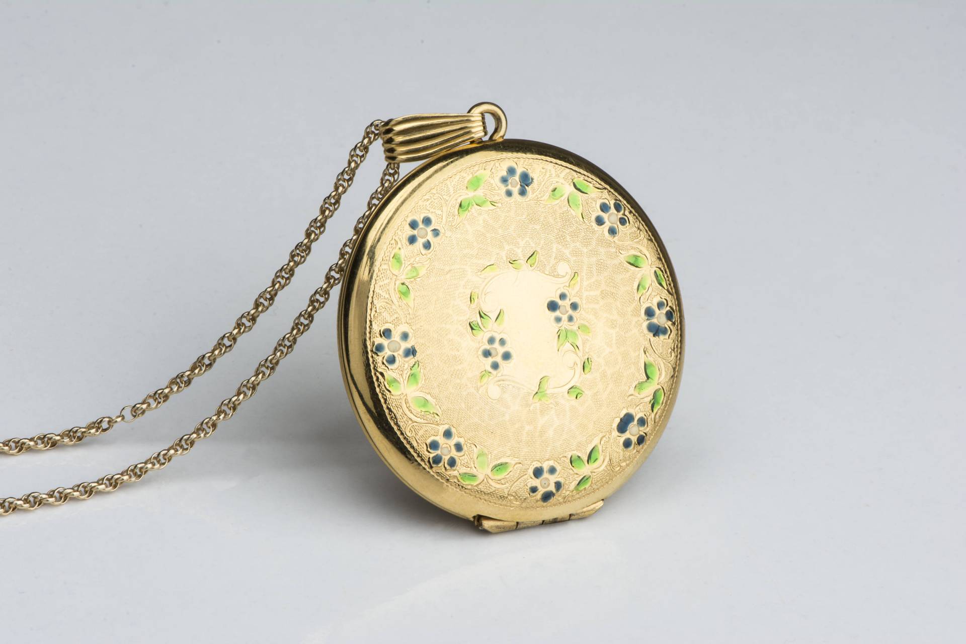 Blaue Und Grüne Blume Emaille Medaillon, Lange Gold Filled Vintage Anhänger, Große Halskette, Seil Kette, Blätter, Kleine Florale, Crest von FreshyFig