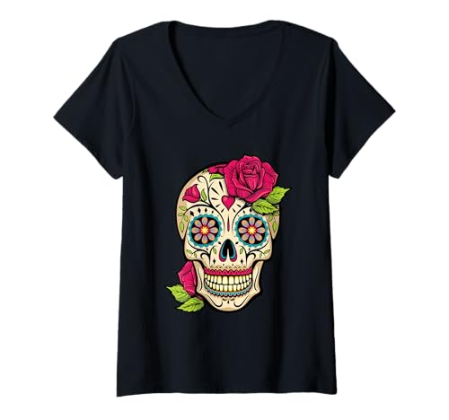 Damen Sugar Skull Day Of The Dead Dia de Los Muertos Blumen T-Shirt mit V-Ausschnitt Damen Sugar Skull Day Of The Dead Dia de Los Muertos Blumen T-Shirt mit V-Ausschnitt von Fresia's Day of Dead Gifts