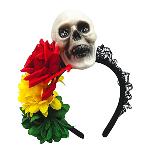 Frestepvie Halloween Haarschmuck mit Blumen Totenkopf Haarband Damen Haarreif Trick or Treat Kostüm Zubehör von Frestepvie