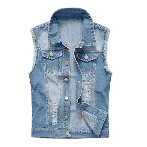 Frestepvie Herren Ärmellose Jeansweste Retro Zerrissene Männer Denim Jacke Weste Trendige Rock-Punk Weste Cowboy Denim Jacke Freizeit Destroyed Denim Jacket von Frestepvie