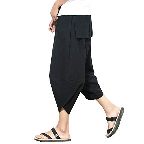 Frestepvie Herren Freizeit Hose Midi Strandhose mit Japanischer Fan oder Indischer Elefant Muster und Einfarbig Wide Leg Crop Pants Beiläufige aus Baumwolle für Strand und Urlaub Leinenhose von Frestepvie