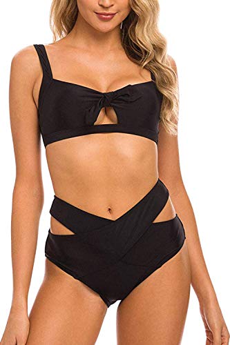 Frestepvie High Waist Bikini Damen Set Bikini Push Up Zweiteiliger Badeanzug Volant M21 Schwarz Euro 48 (Etikett 2XL) von Frestepvie