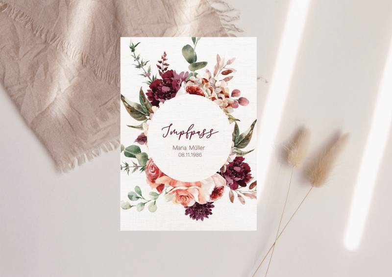 Impfpass-Hülle Auf Hochwertigem Leinwandpapier 100% Baumwolle | Boho Kranz Blumen Personalisiert von FreudenPostDE