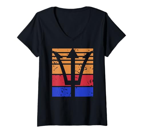 Damen Retro Dreizack Symbol Sonnenuntergang Vintage Kämpfer T-Shirt mit V-Ausschnitt von Freunde alter Legenden und Meeresmythen