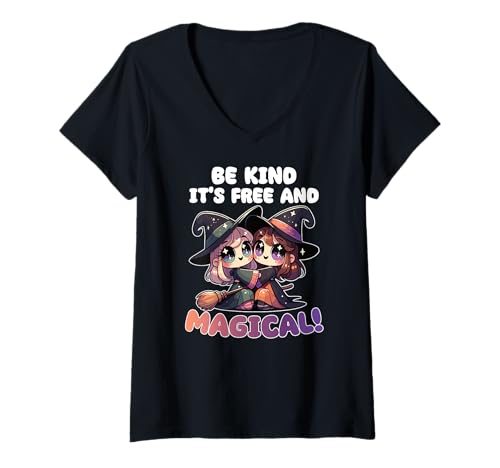 Damen Be Kind It's Free and Magical süßes Hexen T-Shirt mit V-Ausschnitt von Freundliche Botschaften für jeden