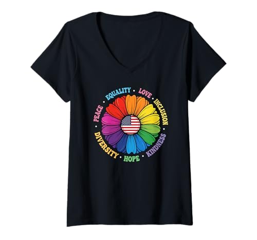 Damen Freundlichkeit Frieden Gleichheit Liebe Inklusion Hope T-Shirt mit V-Ausschnitt von Freundlichkeit Frieden Gleichstellung Frauen