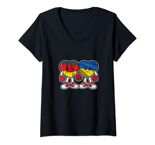 Damen Herzfreundschaft Ukraine Und Deutschland T-Shirt mit V-Ausschnitt Damen Herzfreundschaft Ukraine Und Deutschland T-Shirt mit V-Ausschnitt von Freundschaftsherzen Ukraine Und Deutschland