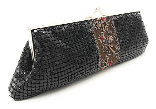 Vintage Abend Clutch Geldbörse - Metall Mesh Kiss Lock Handtasche mit abnehmbarer Kette, formelle Tasche für Frauen Hochzeit Party Bankett, Schwarz 4 - Gesticktes Blumenmuster von Frewahmesh