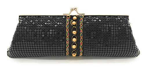 Vintage Abend Clutch Geldbörse - Metall Mesh Kiss Lock Handtasche mit abnehmbarer Kette, formelle Tasche für Frauen Hochzeit Party Bankett, Schwarze 5 goldene Kuppelperlen von Frewahmesh