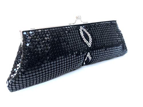 Vintage Abend Clutch Geldbörse - Metall Mesh Kiss Lock Handtasche mit abnehmbarer Kette, formelle Tasche für Frauen Hochzeit Party Bankett, Schwarzes 2-Blattmuster von Frewahmesh