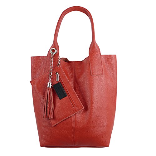 Freyday Damen Echtleder Shopper mit Schmucktasche in vielen Farben Schultertasche Henkeltasche Handtasche Metallic look S03 (Rot) von Freyday