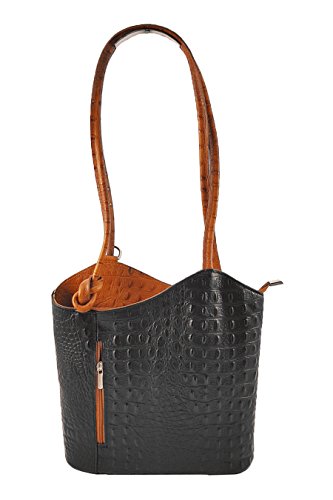 Freyday 2 in 1 Handtasche Rucksack Henkeltasche aus Echtleder in versch. Designs HR03 (Kroko Schwarz-Cognac) von Freyday