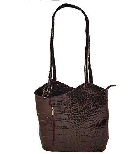 Freyday 2 in 1 Handtasche-Rucksack Henkeltasche aus Echtleder in versch. Designs HR03 (Kroko Bordeaux Lack) von Freyday