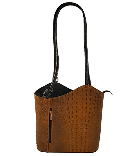 Freyday 2 in 1 Handtasche Rucksack Henkeltasche aus Echtleder in versch. Designs HR03 (Kroko Cognac-Schwarz) von Freyday