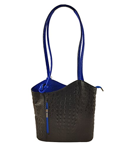 Freyday 2 in 1 Handtasche Rucksack Henkeltasche aus Echtleder in versch. Designs HR03 (Kroko Schwarz-Blau) von Freyday