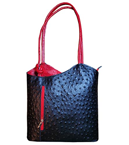 Freyday 2 in 1 Handtasche-Rucksack Henkeltasche aus Echtleder in versch. Designs HR03 (Strauß Schwarz-Rot) von Freyday