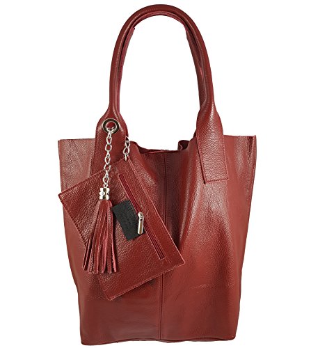 Freyday Damen Echtleder Shopper mit Schmucktasche in vielen Farben Schultertasche Henkeltasche Handtasche Metallic look S03 (Dunkelrot) von Freyday