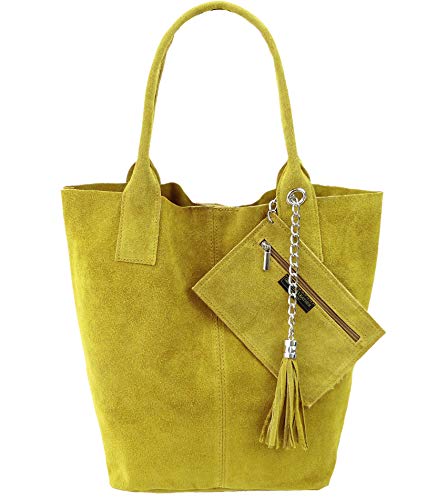 Freyday Damen Echtleder Shopper mit Schmucktasche in vielen Farben Schultertasche Henkeltasche Handtasche Metallic look S03 (Gelb Wildleder) von Freyday